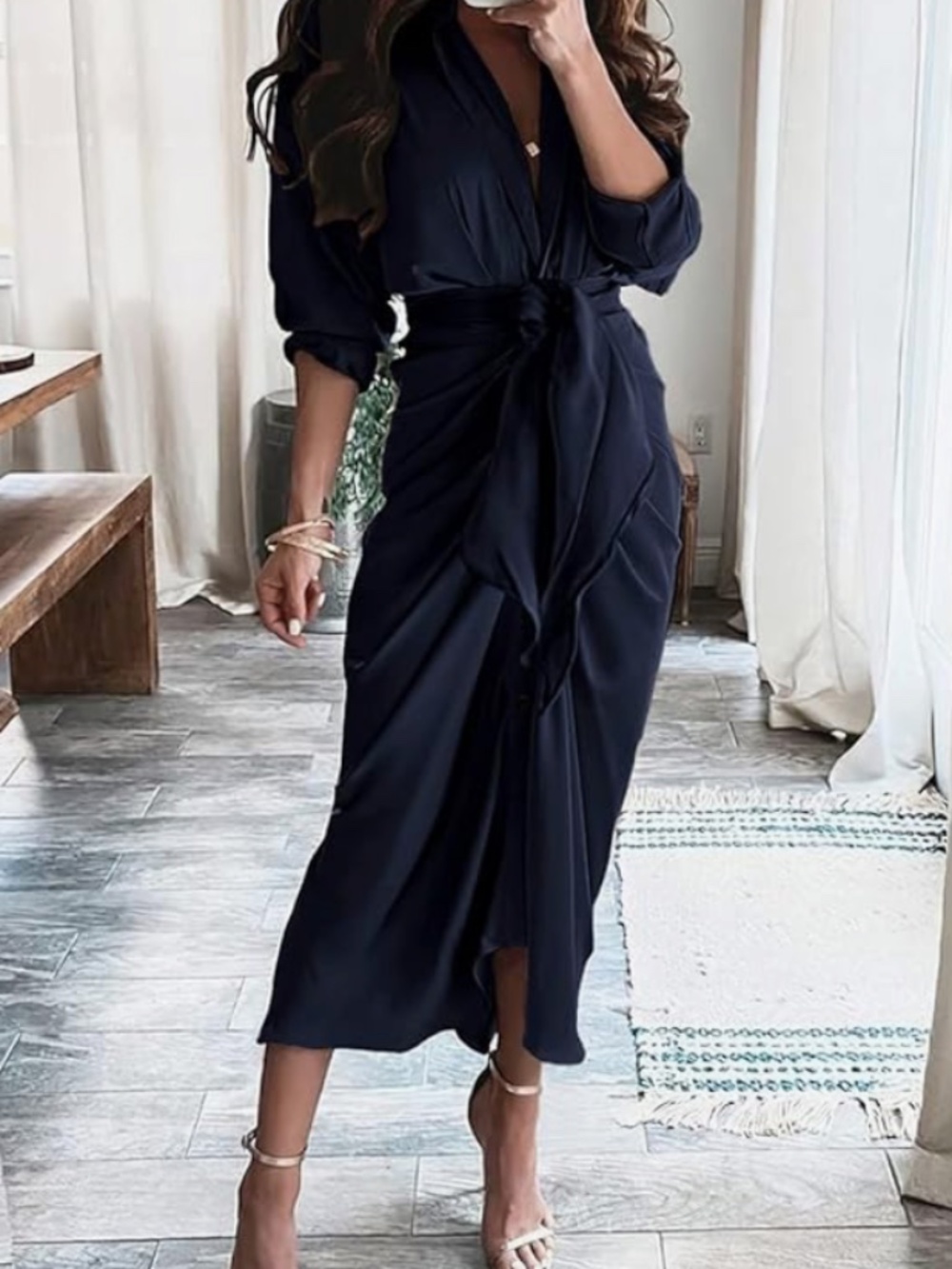 BTFBM Long Sleeve Button Down Elegant Belted Ruched Satin Silk Shirt Dress - XL